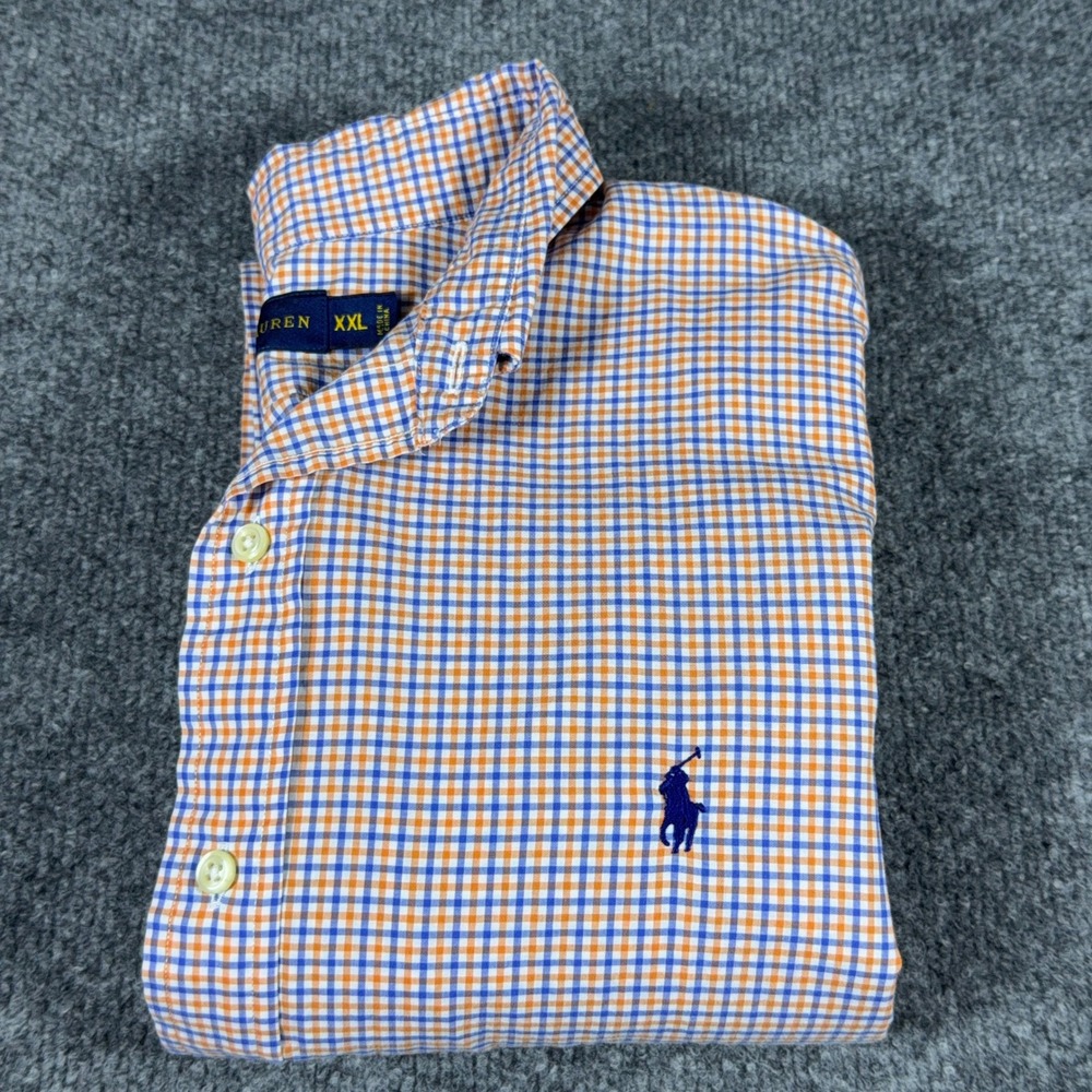 Ralph Lauren Mens XXL Gingham Button Down Shirt Orange Blue Long Sleeve Pony - Picture 2 of 11
